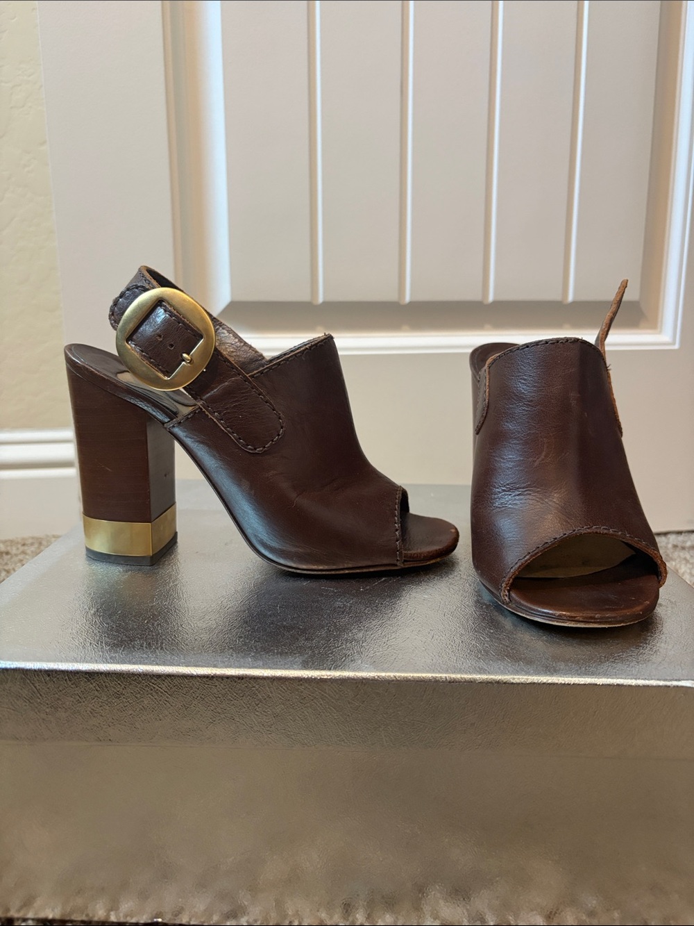Chloe Brown Leather Open-Toe Block Heel Mules with Gold Buckle Detail